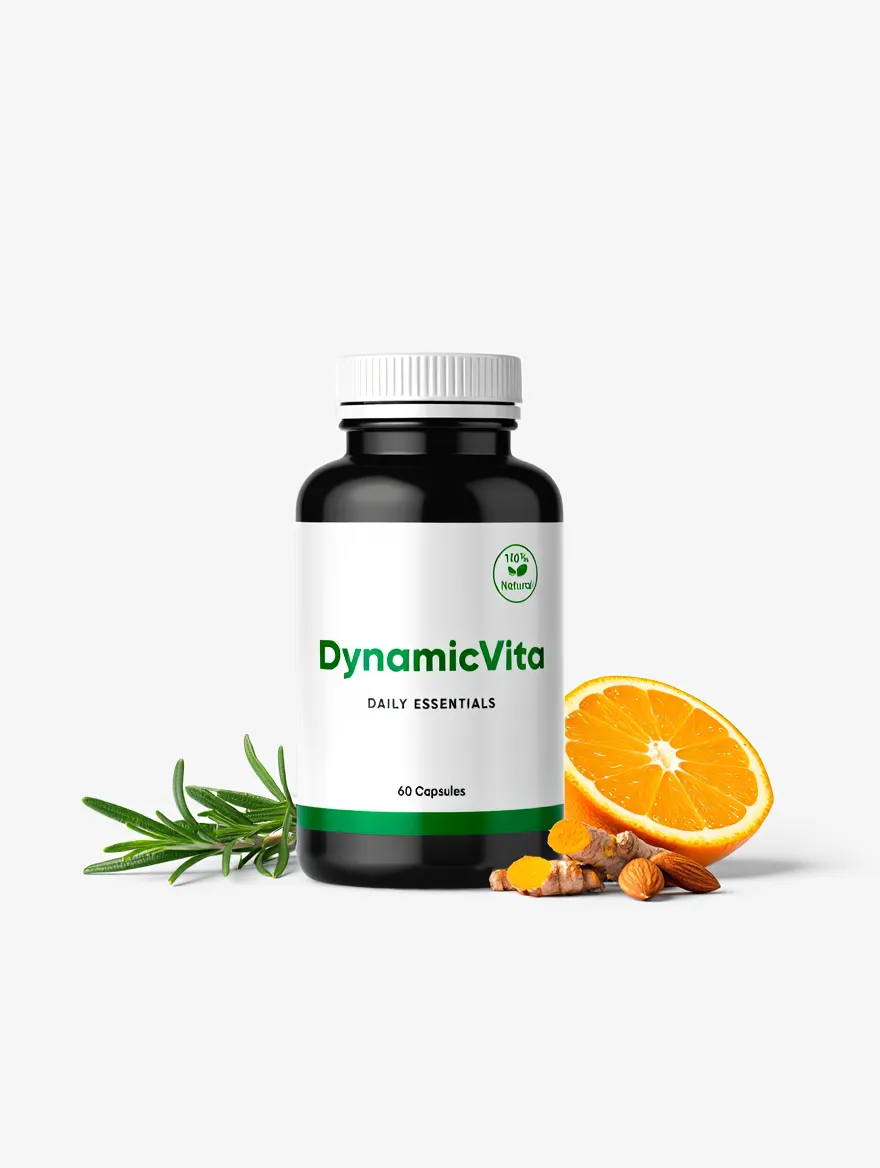 DynamicVita dietary supplement bottle with natural ingredients displayed on a clean white background